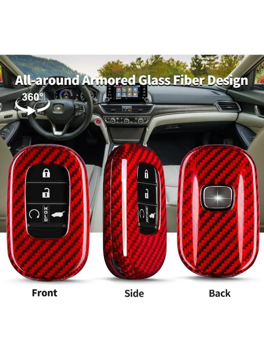 Real Carbon Fiber Key Fob Cover for Honda Civic Accord CR-V HR-V Pilot - Red